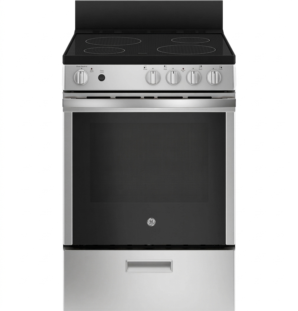 GE® ENERGY STAR® 24" Free-Standing/Slide-in Front Control Range with Steam Clean and Large Window