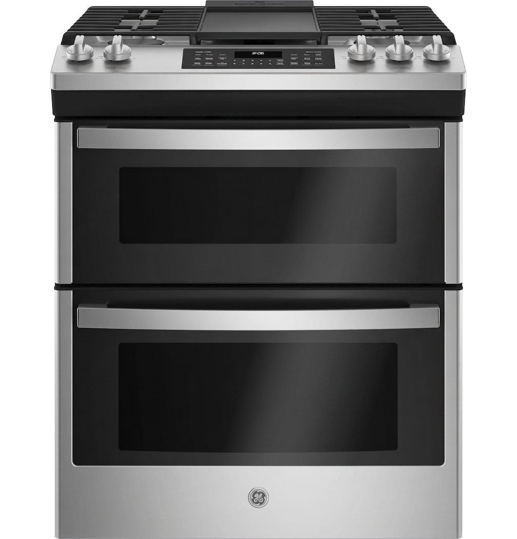 GE 30" Slide-In Front Control Gas Double Oven Range