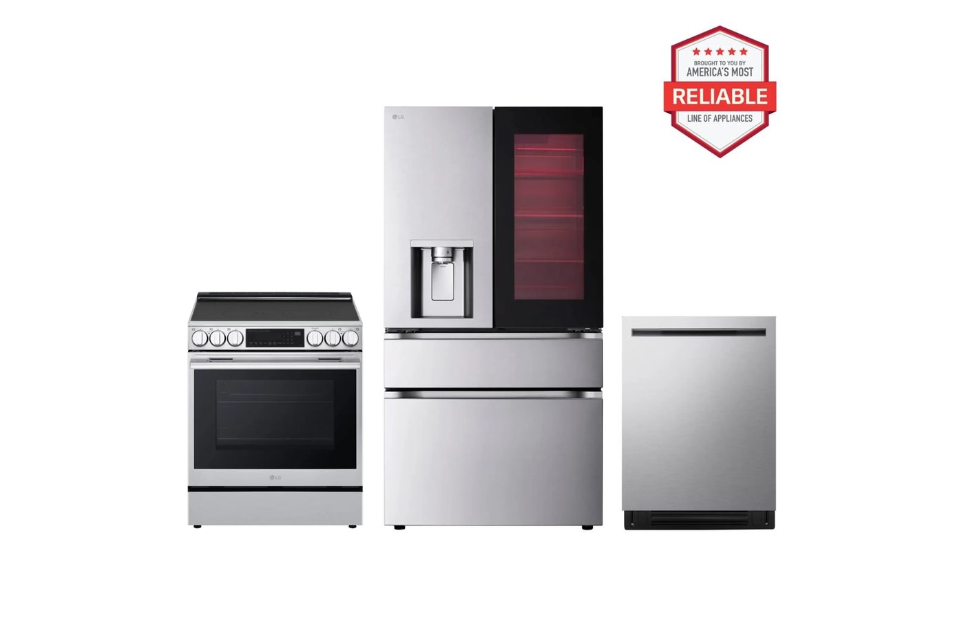 29 cu. ft. Smart InstaView® Door-in-Door® Standard-Depth MAX™ 4-Door French Door Refrigerator with Slide-in Electric Range and FlushFit™ Top Control Dishwasher Kitchen Package in Stainless Steel — 29 7/8" W × 36 1/2" H