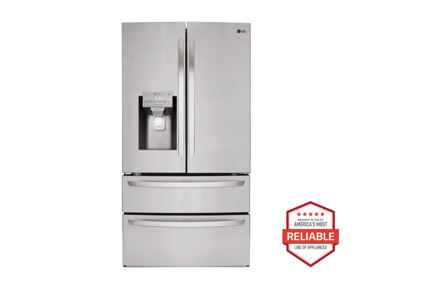 28 cu. ft. 4-Door French Door, Standard Depth, Ice & Water, Double Freezer, Stainless Steel — 35.8" W × 69.8" H