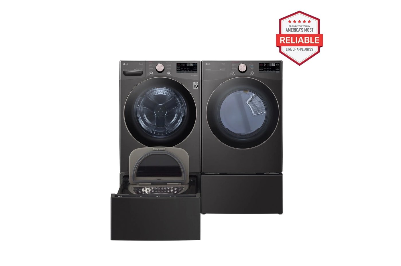 4.5 cu. ft. Front Load Washer and 7.4 cu. ft. Electric Dryer with pedestal washer and drawer Laundry Set in Black Steel — 27" W × 39" H