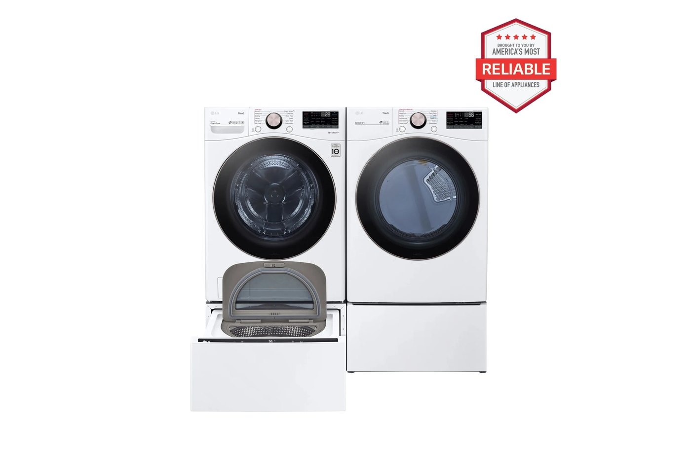 4.5 cu. ft. Front Load Washer and 7.4 cu. ft. Electric Dryer with pedestal washer and drawer Laundry Set in White — 27" W × 39" H