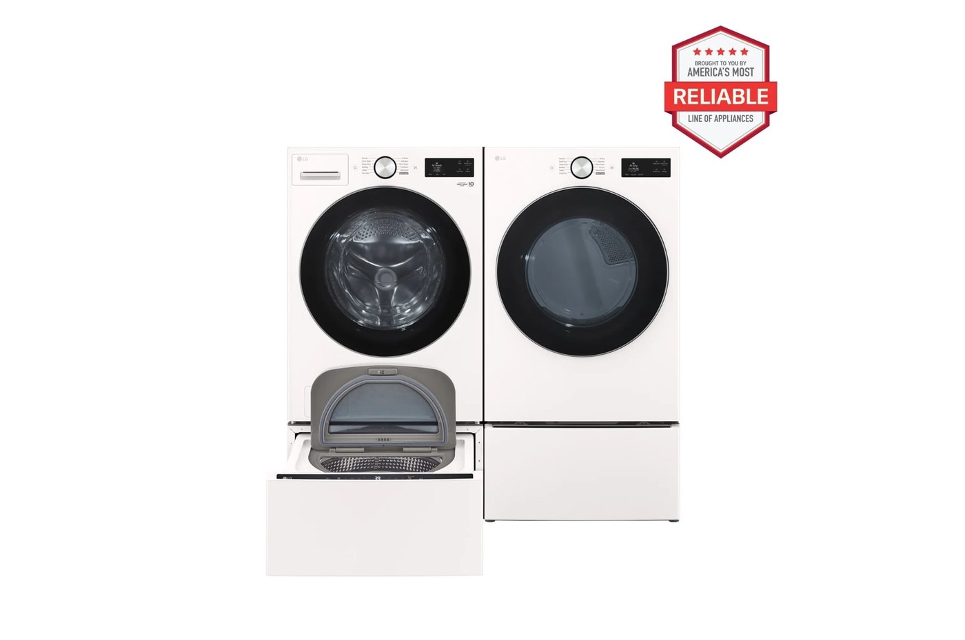 5.0 cu. ft. Front Load Washer and 7.4 cu. ft. Electric Dryer with pedestal washer and drawer in Alpine White — 27" W × 39" H