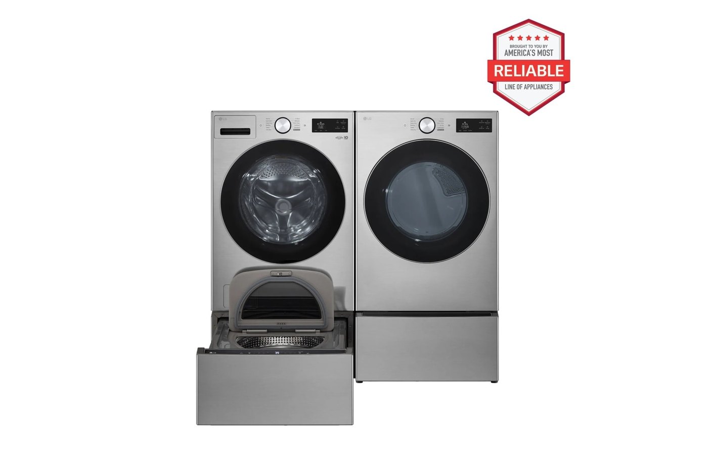 5.0 cu. ft. Front Load Washer and 7.4 cu. ft. Electric Dryer with pedestal washer and drawer Laundry Set in Graphite Steel — 27" W × 39" H
