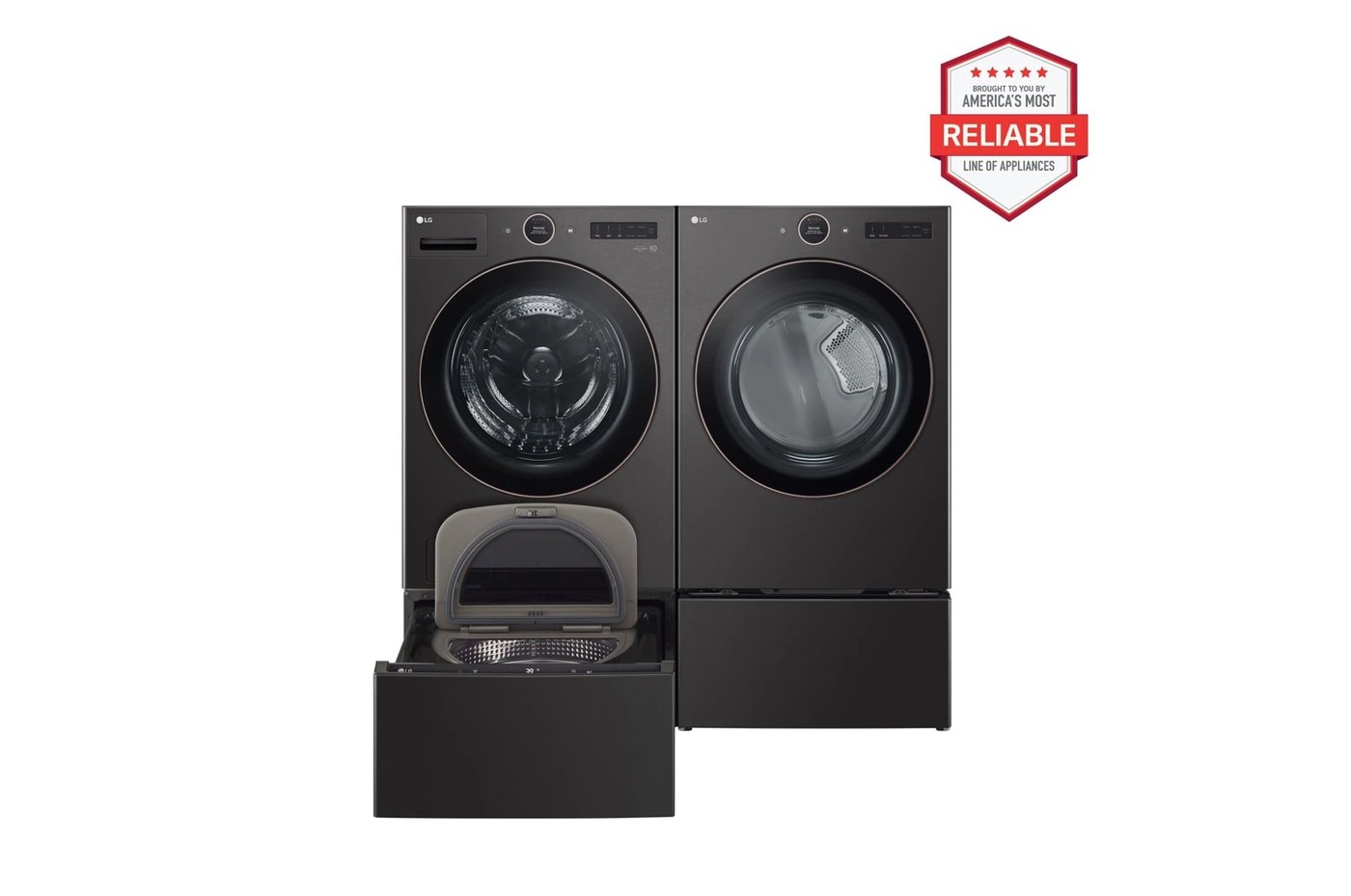 5.0 cu. ft. Front Load Washer and 7.4 cu. ft. Electric Dryer with pedestal washer and drawer Laundry Set in Black Steel — 27" W × 39" H