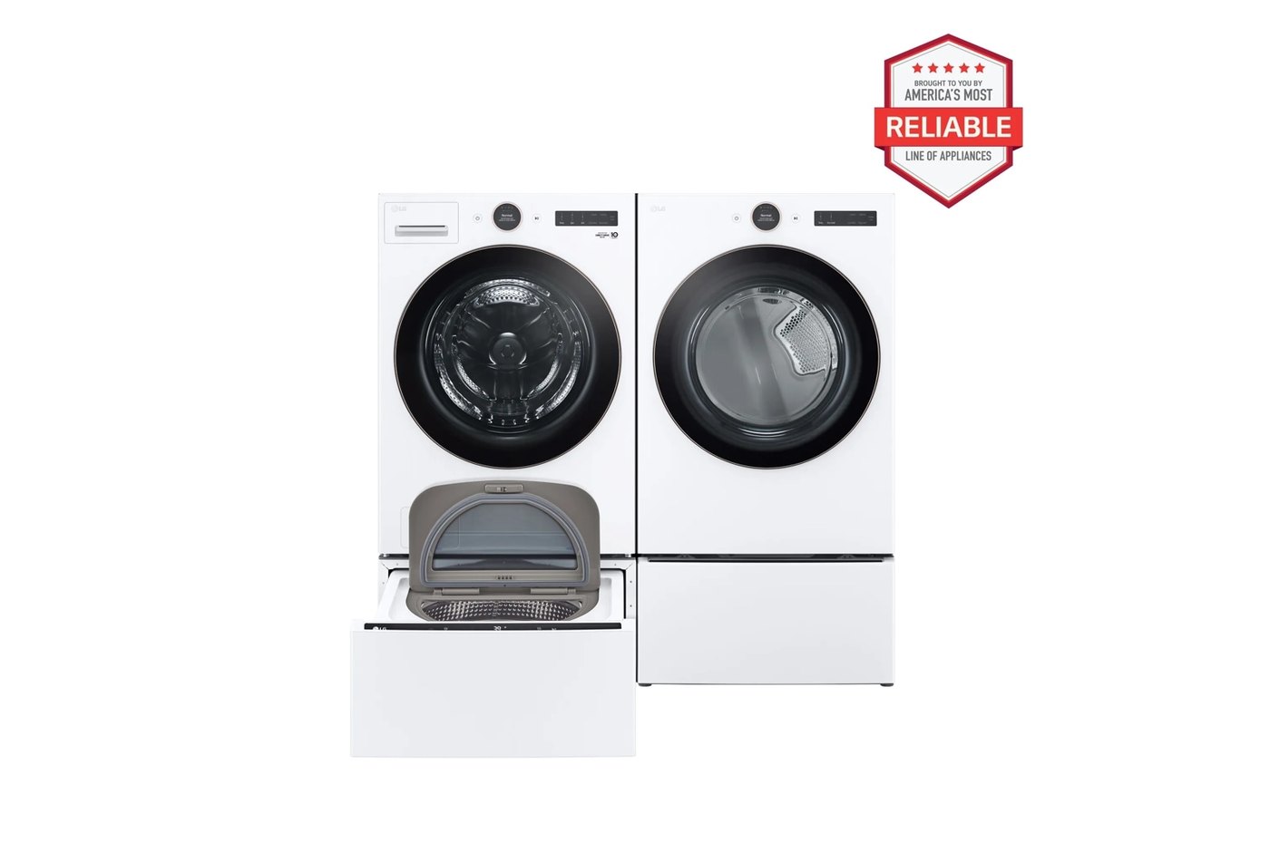 5.0 cu. ft. Front Load Washer and 7.4 cu. ft. Electric Dryer with pedestal washer and drawer Laundry Set in White — 27" W × 39" H